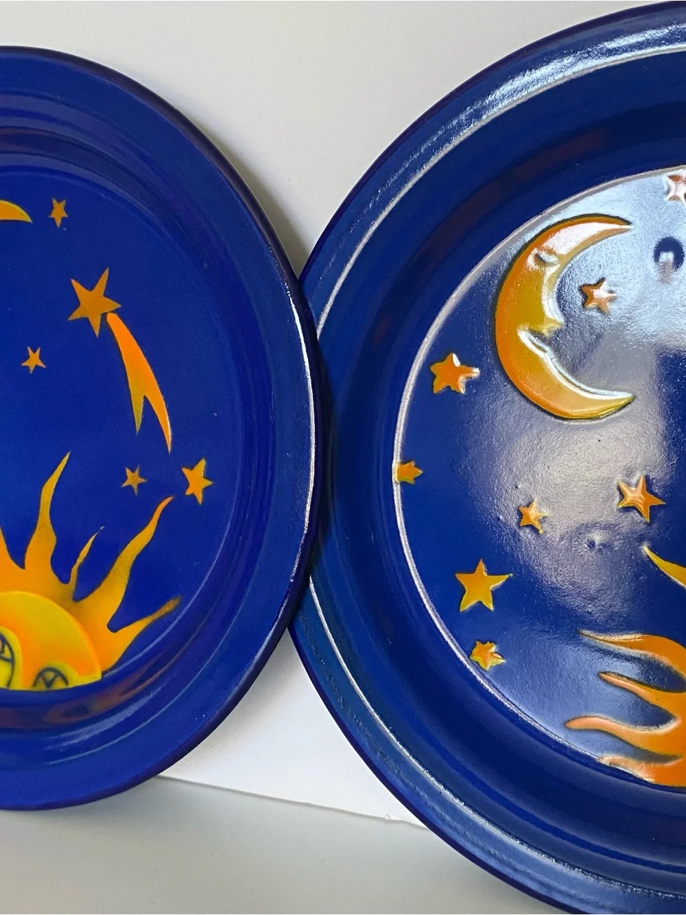 Vintage Kockums Sweden Enamelware 2 Plates Celestial Sun Noon Stars 8.75” Blue